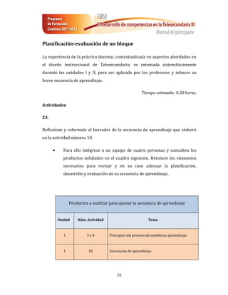 Planificación-evaluación de un bloque

La experiencia de la práctica docente, contextualizada en aspectos abordados en
el diseño instruccional de Telesecundaria, es retomada sistemáticamente
durante las unidades I y II, para ser aplicada por los profesores y rehacer su
breve secuencia de aprendizaje.

                                                         Tiempo estimado: 4:30 horas.

Actividades:

23.

Reflexione y reformule el borrador de la secuencia de aprendizaje que elaboró
en la actividad número 10.

           Para ello intégrese a un equipo de cuatro personas y consulten los
            productos señalados en el cuadro siguiente. Retomen los elementos
            necesarios para revisar y en su caso adecuar la planificación,
            desarrollo y evaluación de su secuencia de aprendizaje.




                 Productos a analizar para ajustar la secuencia de aprendizaje


          Unidad     Núm. Actividad                          Tema



             I            3y4         Principios del proceso de enseñanza aprendizaje.



             I             10         Secuencias de aprendizaje.




                                          55
 