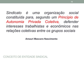 CONCEITO DE ENTIDADE SINDICAL
Sindicato é uma organização social
constituída para, segundo um Princípio de
Autonomia Privada Coletiva, defender
interesses trabalhistas e econômicos nas
relações coletivas entre os grupos sociais
Amauri Mascaro Nascimento
13
 