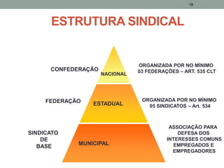 ESTRUTURA SINDICAL
NACIONAL
ESTADUAL
MUNICIPAL
18
ORGANIZADA POR NO MÍNIMO
03 FEDERAÇÕES – ART. 535 CLT
ORGANIZADA POR NO MÍNIMO
05 SINDICATOS – Art. 534
ASSOCIAÇÃO PARA
DEFESA DOS
INTERESSES COMUNS
EMPREGADOS E
EMPREGADORES
CONFEDERAÇÃO
FEDERAÇÃO
SINDICATO
DE
BASE
 