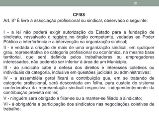 CF/88
Art. 8º É livre a associação profissional ou sindical, observado o seguinte:
I - a lei não poderá exigir autorização do Estado para a fundação de
sindicato, ressalvado o registro no órgão competente, vedadas ao Poder
Público a interferência e a intervenção na organização sindical;
II - é vedada a criação de mais de uma organização sindical, em qualquer
grau, representativa de categoria profissional ou econômica, na mesma base
territorial, que será definida pelos trabalhadores ou empregadores
interessados, não podendo ser inferior à área de um Município;
III - ao sindicato cabe a defesa dos direitos e interesses coletivos ou
individuais da categoria, inclusive em questões judiciais ou administrativas;
IV - a assembléia geral fixará a contribuição que, em se tratando de
categoria profissional, será descontada em folha, para custeio do sistema
confederativo da representação sindical respectiva, independentemente da
contribuição prevista em lei;
V - ninguém será obrigado a filiar-se ou a manter-se filiado a sindicato;
VI - é obrigatória a participação dos sindicatos nas negociações coletivas de
trabalho;
21
 