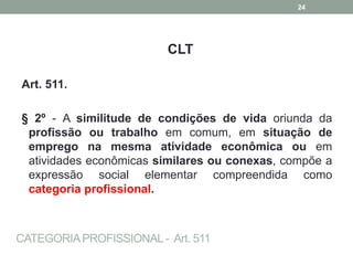 CATEGORIAPROFISSIONAL- Art. 511
CLT
Art. 511.
§ 2º - A similitude de condições de vida oriunda da
profissão ou trabalho em comum, em situação de
emprego na mesma atividade econômica ou em
atividades econômicas similares ou conexas, compõe a
expressão social elementar compreendida como
categoria profissional.
24
 
