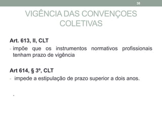 VIGÊNCIA DAS CONVENÇOES
COLETIVAS
Art. 613, II, CLT
- impõe que os instrumentos normativos profissionais
tenham prazo de vigência
Art 614, § 3º, CLT
- impede a estipulação de prazo superior a dois anos.
.
38
 