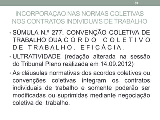 INCORPORAÇAO NAS NORMAS COLETIVAS
NOS CONTRATOS INDIVIDUAIS DE TRABALHO
• SÚMULA N.º 277. CONVENÇÃO COLETIVA DE
TRABALHO OUA C O R D O C O L E T I V O
D E T R A B A L H O . E F I C Á C I A .
• ULTRATIVIDADE (redação alterada na sessão
do Tribunal Pleno realizada em 14.09.2012)
• As cláusulas normativas dos acordos coletivos ou
convenções coletivas integram os contratos
individuais de trabalho e somente poderão ser
modificadas ou suprimidas mediante negociação
coletiva de trabalho.
39
 