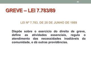 GREVE – LEI 7.783/89
LEI Nº 7.783, DE 28 DE JUNHO DE 1989
Dispõe sobre o exercício do direito de greve,
define as atividades essenciais, regula o
atendimento das necessidades inadiáveis da
comunidade, e dá outras providências.
46
 