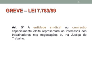 GREVE – LEI 7.783/89
Art. 5º A entidade sindical ou comissão
especialmente eleita representará os interesses dos
trabalhadores nas negociações ou na Justiça do
Trabalho.
51
 