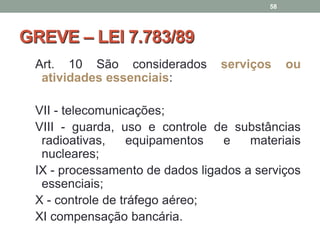 GREVE – LEI 7.783/89
Art. 10 São considerados serviços ou
atividades essenciais:
VII - telecomunicações;
VIII - guarda, uso e controle de substâncias
radioativas, equipamentos e materiais
nucleares;
IX - processamento de dados ligados a serviços
essenciais;
X - controle de tráfego aéreo;
XI compensação bancária.
58
 