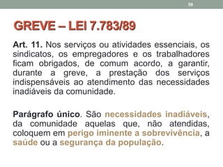 GREVE – LEI 7.783/89
Art. 11. Nos serviços ou atividades essenciais, os
sindicatos, os empregadores e os trabalhadores
ficam obrigados, de comum acordo, a garantir,
durante a greve, a prestação dos serviços
indispensáveis ao atendimento das necessidades
inadiáveis da comunidade.
Parágrafo único. São necessidades inadiáveis,
da comunidade aquelas que, não atendidas,
coloquem em perigo iminente a sobrevivência, a
saúde ou a segurança da população.
59
 