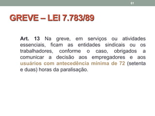 GREVE – LEI 7.783/89
Art. 13 Na greve, em serviços ou atividades
essenciais, ficam as entidades sindicais ou os
trabalhadores, conforme o caso, obrigados a
comunicar a decisão aos empregadores e aos
usuários com antecedência mínima de 72 (setenta
e duas) horas da paralisação.
61
 