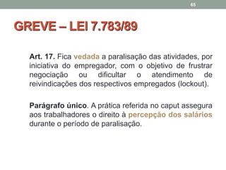 GREVE – LEI 7.783/89
Art. 17. Fica vedada a paralisação das atividades, por
iniciativa do empregador, com o objetivo de frustrar
negociação ou dificultar o atendimento de
reivindicações dos respectivos empregados (lockout).
Parágrafo único. A prática referida no caput assegura
aos trabalhadores o direito à percepção dos salários
durante o período de paralisação.
65
 
