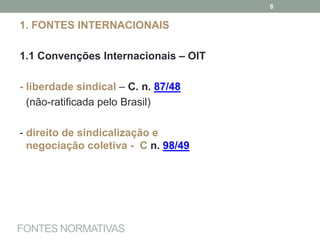 FONTES NORMATIVAS
1. FONTES INTERNACIONAIS
1.1 Convenções Internacionais – OIT
- liberdade sindical – C. n. 87/48
(não-ratificada pelo Brasil)
- direito de sindicalização e
negociação coletiva - C n. 98/49
8
 