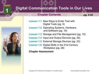 Digital Communication Tools in Our Lives
1
                           Chapter Contents                                                              pg. 3-34

          Lesson 1.1 New Ways to Enter Text with
                     Digital Tools (pg. 5)
          Lesson 1.2 Operating Systems, Hardware,
                     and Software (pg. 10)
          Lesson 1.3 Storage and File Management (pg. 15)
          Lesson 1.4 Input and Output Devices (pg. 20)
          Lesson 1.5 External Storage Devices (pg. 23)
          Lesson 1.6 Digital Skills in the 21st Century
                     Workplace (pg. 28)
          Chapter Assessment




           Copyright © by The McGraw-Hill Companies, Inc. All rights reserved.   Glencoe Digital Communication Tools
 