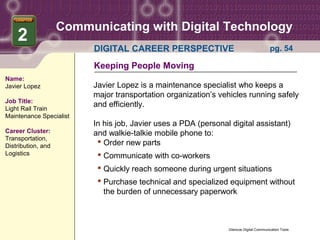Communicating with Digital Technology
    2
                         DIGITAL CAREER PERSPECTIVE                                     pg. 54

                         Keeping People Moving
Name:
Javier Lopez             Javier Lopez is a maintenance specialist who keeps a
                         major transportation organization’s vehicles running safely
Job Title:
Light Rail Train
                         and efficiently.
Maintenance Specialist
                         In his job, Javier uses a PDA (personal digital assistant)
Career Cluster:          and walkie-talkie mobile phone to:
Transportation,
Distribution, and
                           Order new parts
Logistics                  Communicate with co-workers
                           Quickly reach someone during urgent situations
                           Purchase technical and specialized equipment without
                            the burden of unnecessary paperwork



                                                                Glencoe Digital Communication Tools
 
