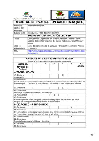 REGISTRO DE EVALUACIÓN CALIFICADA (REC)
Nombre y
apellido del
evaluador
Lugar y fecha

Soledad Rodríguez

Montevideo, 19 d...