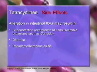 Copyright © 2002, 1998, Elsevier Science (USA). All rights reserved.
Tetracyclines:Tetracyclines: Side EffectsSide Effects
Alteration in intestinal flora may result in:Alteration in intestinal flora may result in:
• Superinfection (overgrowth of nonsusceptibleSuperinfection (overgrowth of nonsusceptible
organisms such as Candida)organisms such as Candida)
• DiarrheaDiarrhea
• Pseudomembranous colitisPseudomembranous colitis
 