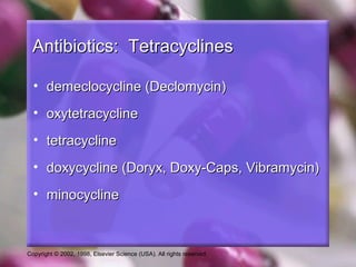 Copyright © 2002, 1998, Elsevier Science (USA). All rights reserved.
Antibiotics: TetracyclinesAntibiotics: Tetracyclines
• demeclocycline (Declomycin)demeclocycline (Declomycin)
• oxytetracyclineoxytetracycline
• tetracyclinetetracycline
• doxycycline (Doryx, Doxy-Caps, Vibramycin)doxycycline (Doryx, Doxy-Caps, Vibramycin)
• minocyclineminocycline
 
