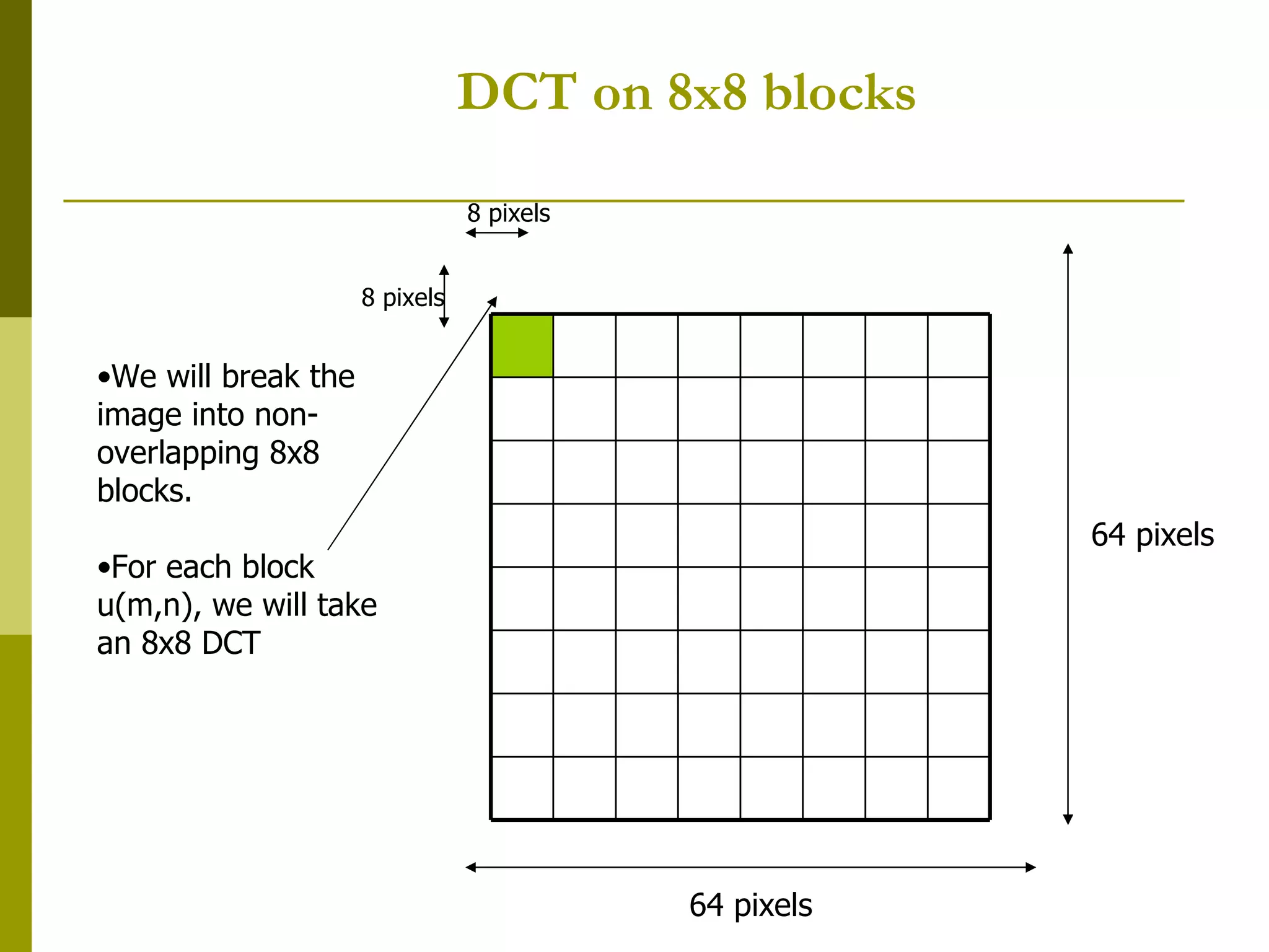 DCT on 8x8 blocks 64 pixels 64 pixels 8 pixels 8 pixels We will break the image into non-overlapping 8x8 blocks.  For each block u(m,n), we will take an 8x8 DCT 