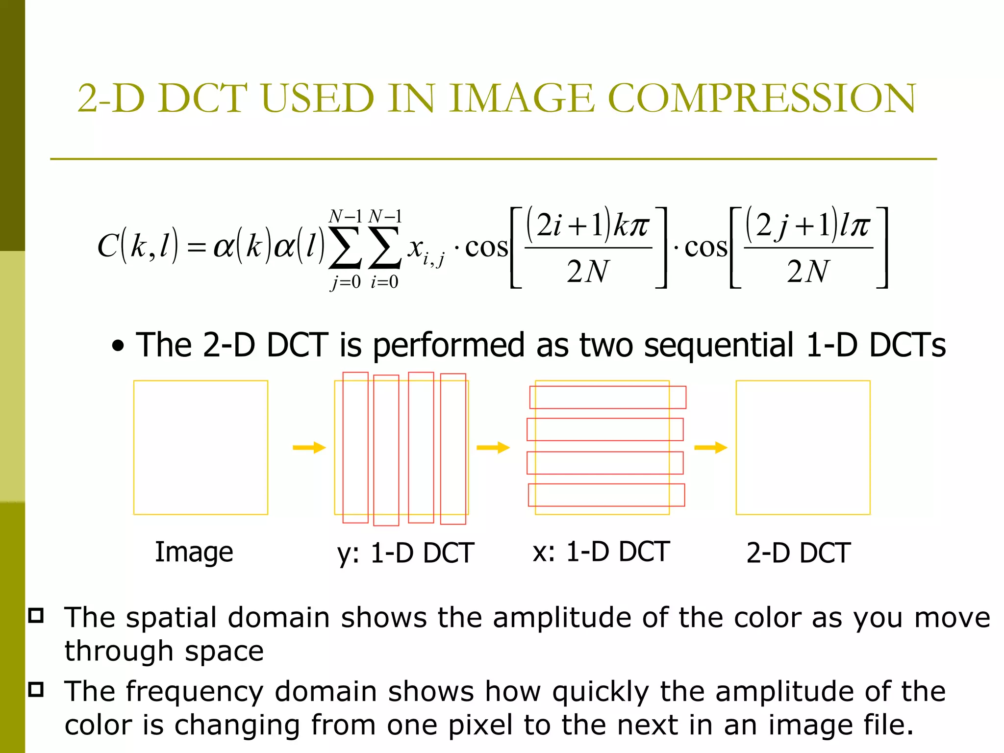 2-D DCT USED IN IMAGE COMPRESSION The spatial domain shows the amplitude of the color as you move through space The frequency domain shows how quickly the amplitude of the color is changing from one pixel to the next in an image file. The 2-D DCT is performed as two sequential 1-D DCTs Image y: 1-D DCT  x: 1-D DCT 2-D DCT 