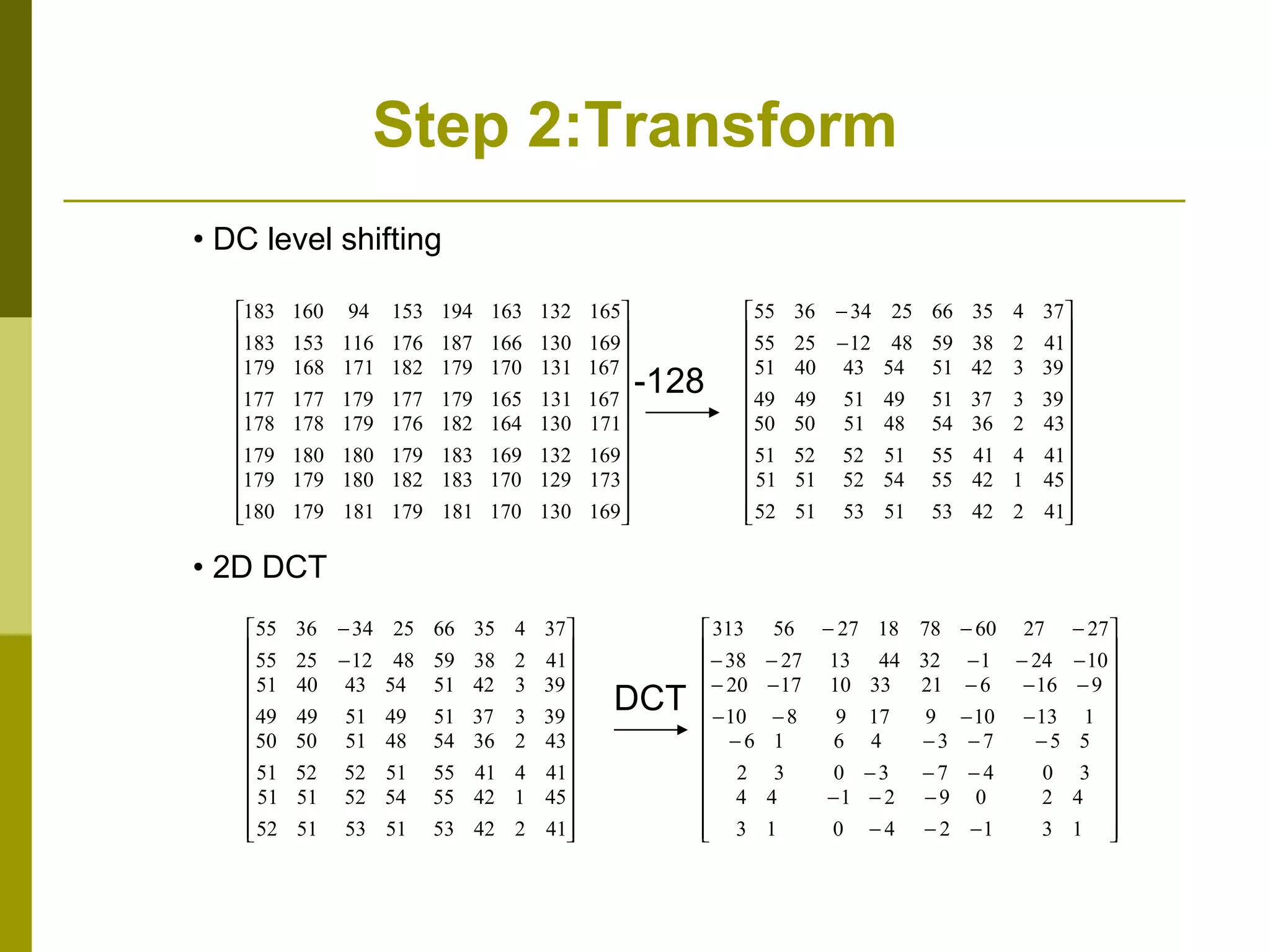 Step 2:Transform •  DC level shifting •  2D DCT -128 DCT 