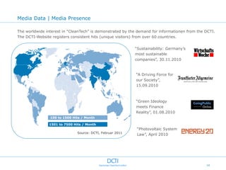 Media Data | Media Presence

The worldwide interest in “CleanTech” is demonstrated by the demand for informationen from the DCTI.
The DCTI-Website registers consistent hits (unique visitors) from over 60 countries.


                                                            “Sustainability: Germany‟s
                                                            most sustainable
                                                            companies”, 30.11.2010


                                                            “A Driving Force for
                                                            our Society”,
                                                            15.09.2010



                                                            “Green Ideology
                                                            meets Finance
                                                            Reality”, 01.08.2010
                100 to 1500 Hits / Month

                1501 to 7500 Hits / Month
                                                             “Photovoltaic System
                               Source: DCTI, Februar 2011
                                                             Law”, April 2010




                                                                                               14
 