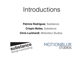 Introductions
Patricia Rodriguez, Substance
Crispin Bailey, Substance
Chris Luckhardt, Motionblur Studios
 