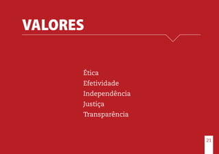 VALORES
Ética
Efetividade
Independência
Justiça
Transparência
21
 