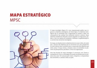 23
MAPA ESTRATÉGICO
MPSC
O mapa estratégico (figura 2) é uma representação gráfica que or-
ganiza os objetivos estratégicos, de forma lógica. Os objetivos estra-
tégicos são os resultados que a organização se propõe a obter, em
consequência das análises dos ambientes interno e externo. Esses
objetivos estabelecem direções a serem seguidas no longo prazo, aju-
dam a criar um sistema de avaliação e facilitam a implementação e
o controle das iniciativas estratégicas.
No mapa, as relações entre os objetivos são de causa e efeito, de modo
que o alcance dos objetivos que se encontram em uma perspectiva
no nível inferior deve contribuir para a consecução dos objetivos que
estão acima. O mapa retrata a maneira como os envolvidos no pro-
cesso de planejamento percebem o futuro da organização.
Uma das funções do mapa estratégico é comunicar com clareza e
transparência o foco e a estratégia de atuação escolhidos para os pró-
ximos dez anos. Tal comunicação tende a despertar o compromisso
dos envolvidos e a alinhar todas as ações.
 