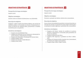 27
Objetivo Estratégico
Perspectiva do mapa estratégico
Impacto social.
Objetivo estratégico
Garantir acesso aos direitos fundamentais e sua efetividade.
Descrição do objetivo
Assegurar o efetivo respeito dos Poderes Públicos, dos serviços de
relevância pública e da sociedade aos direitos fundamentais ine-
rentes ao exercício da cidadania plena, promovendo as medidas
necessárias para a sua garantia.
Iniciativas estratégicas
•  Programa de Acessibilidade Total;
•  Programa de Prevenção do Uso,Tratamento e Reinserção So-
cial de Usuários e Dependentes de Drogas;
•  Programa de Orientação e Fiscalização do Terceiro Setor;
•  Programa Melhor Idade;
•  Programa de Atenção à Saúde Mental e
•  Programa Mais Saúde.
OBJETIVO ESTRATÉGICO
Perspectiva do mapa estratégico
Impacto social.
Objetivo estratégico
Promover a proteção dos direitos coletivos dos consumidores.
Descrição do objetivo
Atuar na busca da qualidade dos produtos e serviços fornecidos no
mercado de consumo, na garantia do acesso amplo à informação e
na proteção da saúde, segurança e patrimônio dos consumidores.
Iniciativas estratégicas
•  Programa Alô Direito: redução da incidência de práticas
abusivas e desrespeito ao consumidor pelas prestadoras do
serviço de telefonia;
•  Programa Alimentos Sem Risco;
•  Programa SOS: segurança e qualidade nas obras e edifica-
ções;
•  Programa de Proteção Jurídico–Sanitária dos Consumidores
de Produtos de Origem Animal (POA) e
•  Programa Água Limpa e Esgoto Tratado.
1 2
 