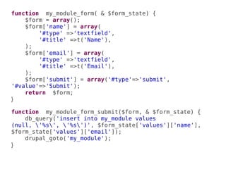 function my_module_form( & $form_state) {
    $form = array();
    $form['name'] = array(
        '#type' =>'textfield',
        '#title' =>t('Name'),
    );
    $form['email'] = array(
        '#type' =>'textfield',
        '#title' =>t('Email'),
    );
    $form['submit'] = array('#type'=>'submit',
'#value'=>'Submit');
    return $form;
}

function my_module_form_submit($form, & $form_state) {
    db_query('insert into my_module values
(null, '%s', '%s')', $form_state['values']['name'],
$form_state['values']['email']);
    drupal_goto('my_module');
}
 