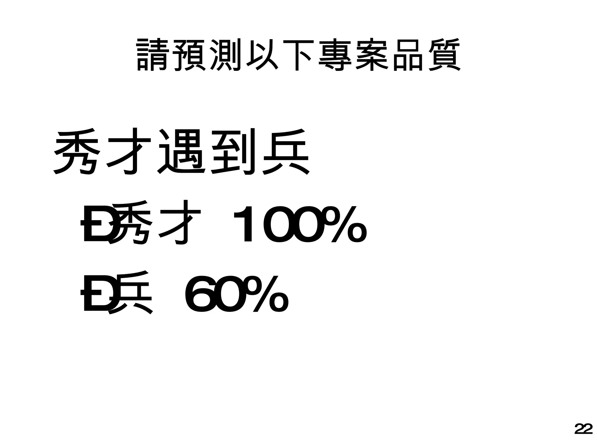 秀才遇到兵 秀才  100% 兵  60% 請預測以下專案品質 