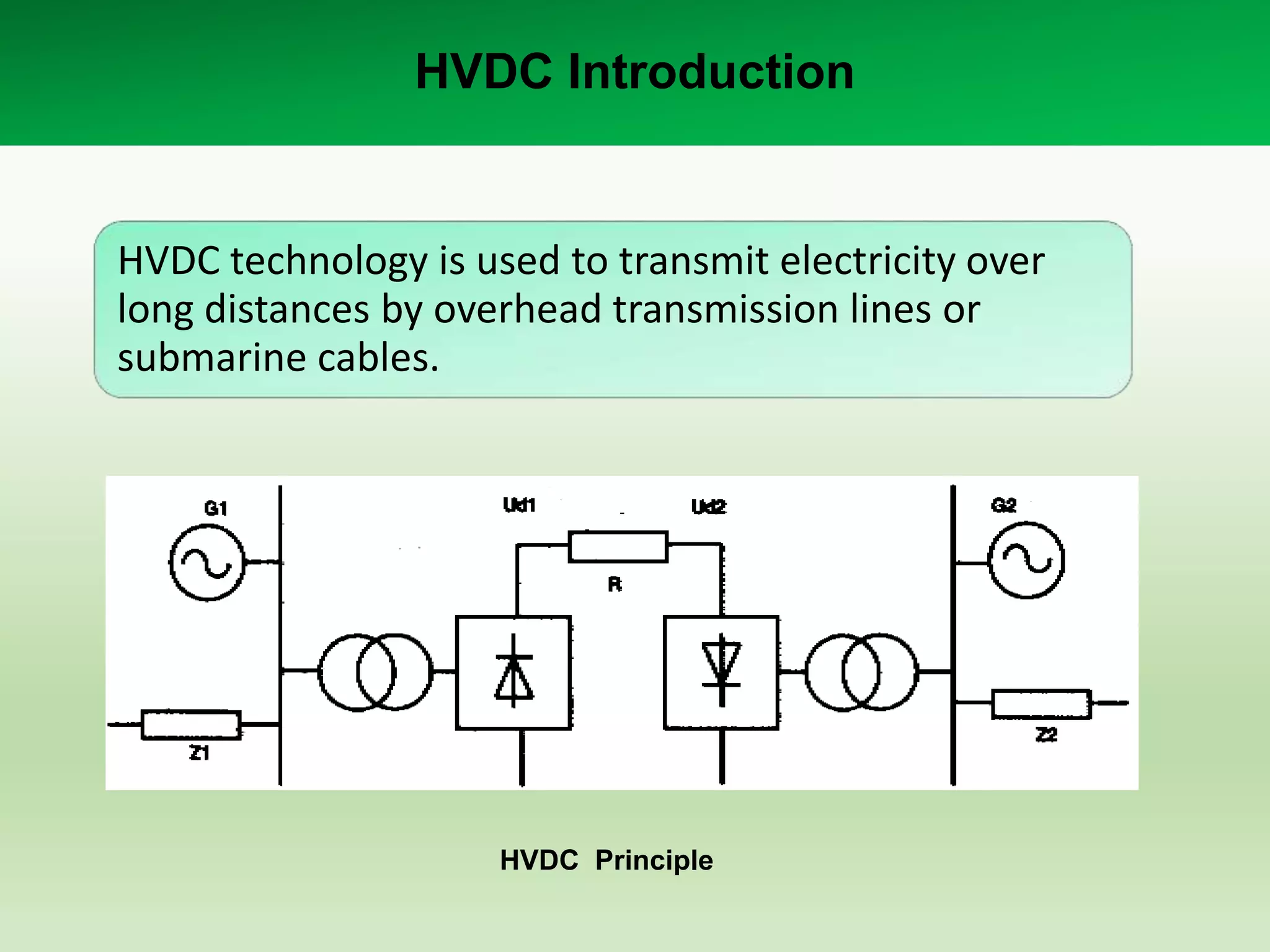 HVDC Introduction

HVDC technology is used to transmit electricity over
long distances by overhead transmission lines or
submarine cables.

HVDC Principle

 