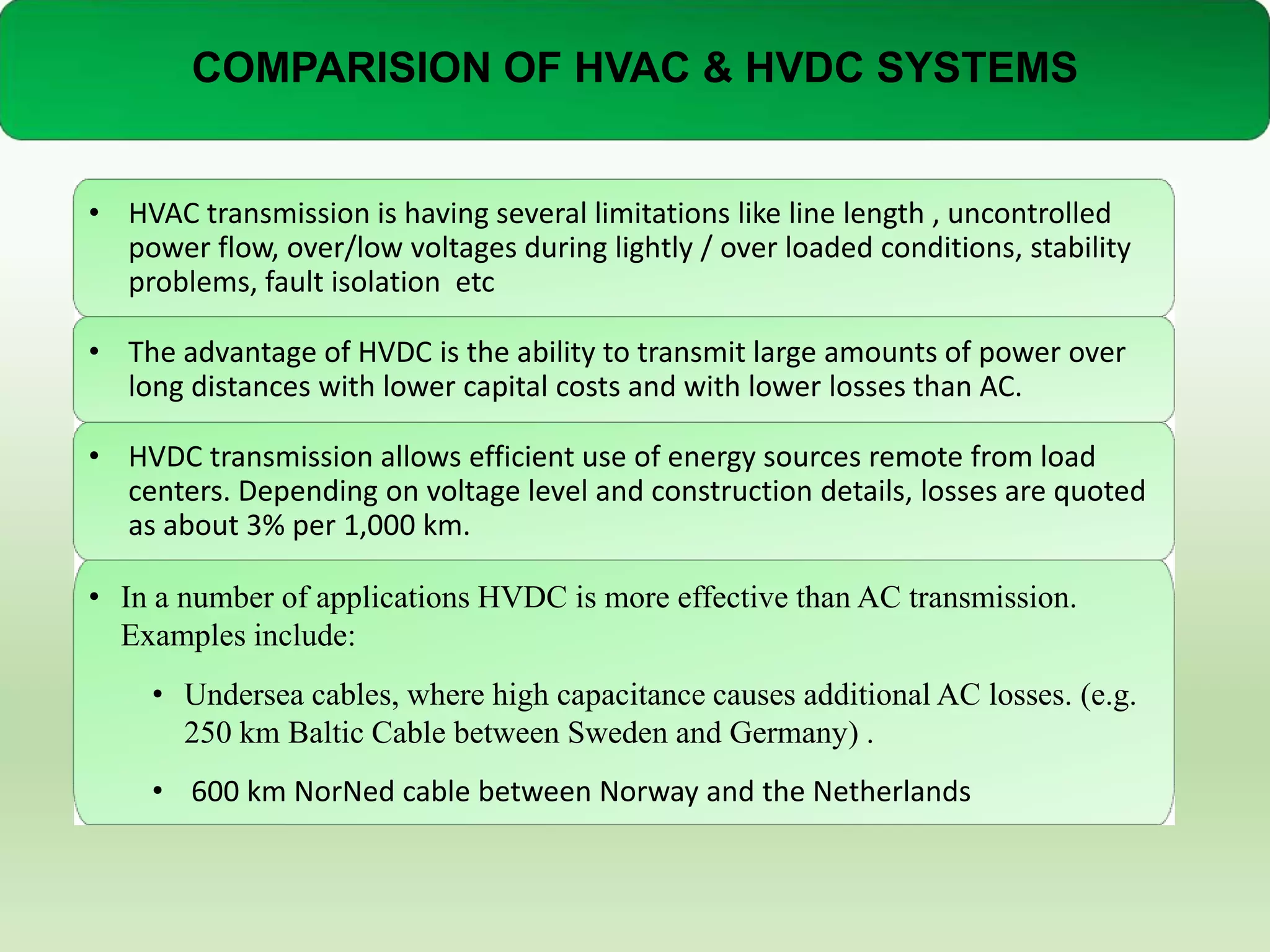 COMPARISION OF HVAC & HVDC SYSTEMS
• HVAC transmission is having several limitations like line length , uncontrolled
power flow, over/low voltages during lightly / over loaded conditions, stability
problems, fault isolation etc
• The advantage of HVDC is the ability to transmit large amounts of power over
long distances with lower capital costs and with lower losses than AC.
• HVDC transmission allows efficient use of energy sources remote from load
centers. Depending on voltage level and construction details, losses are quoted
as about 3% per 1,000 km.
• In a number of applications HVDC is more effective than AC transmission.
Examples include:
• Undersea cables, where high capacitance causes additional AC losses. (e.g.
250 km Baltic Cable between Sweden and Germany) .
• 600 km NorNed cable between Norway and the Netherlands

 