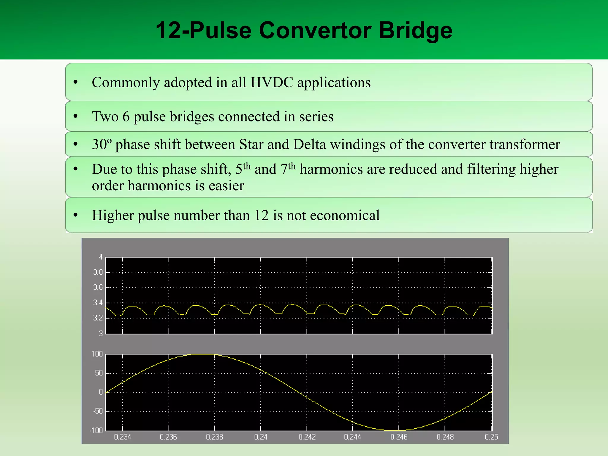 12-Pulse Convertor Bridge
• Commonly adopted in all HVDC applications
• Two 6 pulse bridges connected in series
• 30º phase shift between Star and Delta windings of the converter transformer
• Due to this phase shift, 5th and 7th harmonics are reduced and filtering higher
order harmonics is easier
• Higher pulse number than 12 is not economical

 