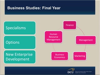 Business Studies: Final Year
Specialisms
Options
New Enterprise
Development
Finance
Management
Marketing
Business
Economics
Human
Resource
Management
 