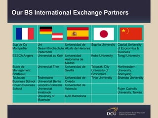 Our BS International Exchange Partners
Sup de Co
Montpellier
Uni
Gesamthochschule
Paderborn
Universidad de
Alcala de Henares
Sophia University Capital University
of Economics &
Business
ESSCA Angers Universitat zu Koln Universidad
Autonoma de
Madrid
Kobe University Tongji University
Ecole de
Management
Bordeaux
Universitat Trier Universidad de
Sevilla
Takasaki City
University of
Economics
Northeastern
University,
Shenyang
Toulouse
Business School
Technische
Universitat Berlin
Universidad de
Oviedo
Toyo University Shantao University
Rouen Business
School
Leopold-Franzens
Universitat
Innsbruck
Universidad de
Valencia Fujen Catholic
University, Taiwan
University of
Muenster
UAB Barcelona
 