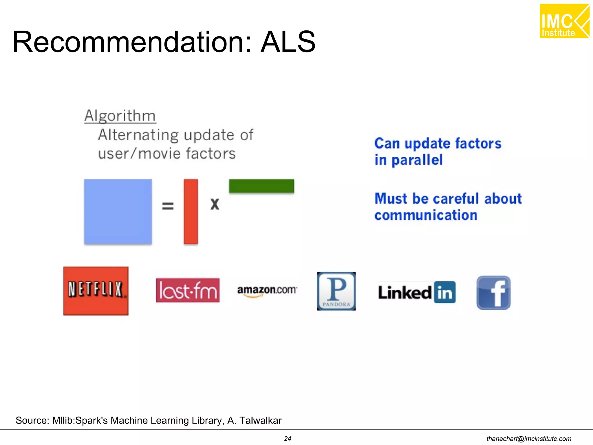 thanachart@imcinstitute.com24
Source: Mllib:Spark's Machine Learning Library, A. Talwalkar
Recommendation: ALS
 