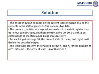 - The encoder output depends on the current input message bit and the
contents in the shift register i.E., The previous two bits.
- The present condition of the previous two bits in the shift register may
be in four combinations. Let these combinations 00, 10, 01 and 11 be
corresponds to the states A, B, C and D respectively.
- For each input message bit, the present state of the m1 and m2 bits will
decide the encoded output.
- The logic table presents the encoded output X1 and X2 for the possible ‘0’
or ‘1’ bit input if the present state is A or B or C or D.
Solution
MATRUSRI
ENGINEERING COLLEGE
 