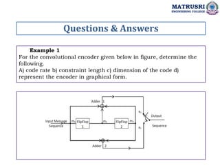 Example 1
For the convolutional encoder given below in figure, determine the
following.
A) code rate b) constraint length c) dimension of the code d)
represent the encoder in graphical form.
Questions & Answers
MATRUSRI
ENGINEERING COLLEGE
 