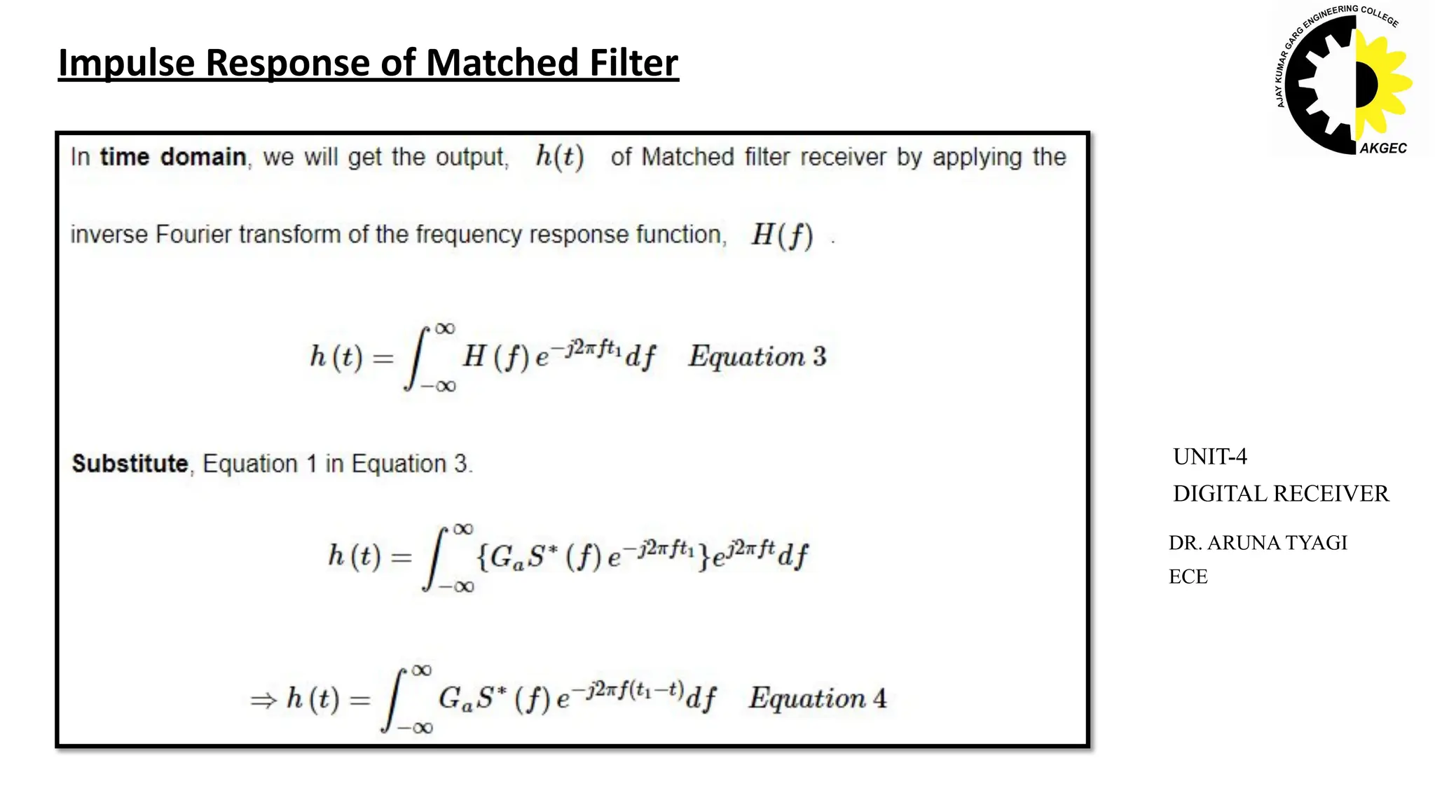Impulse Response of Matched Filter
DR. ARUNA TYAGI
ECE
UNIT-4
DIGITAL RECEIVER
 