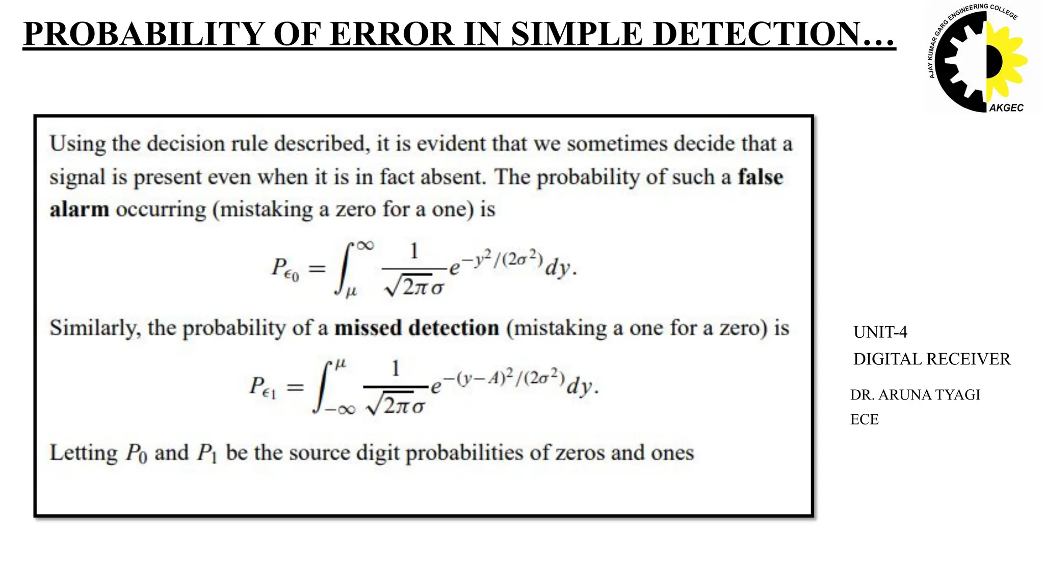 PROBABILITY OF ERROR IN SIMPLE DETECTION…
DR. ARUNA TYAGI
ECE
UNIT-4
DIGITAL RECEIVER
 