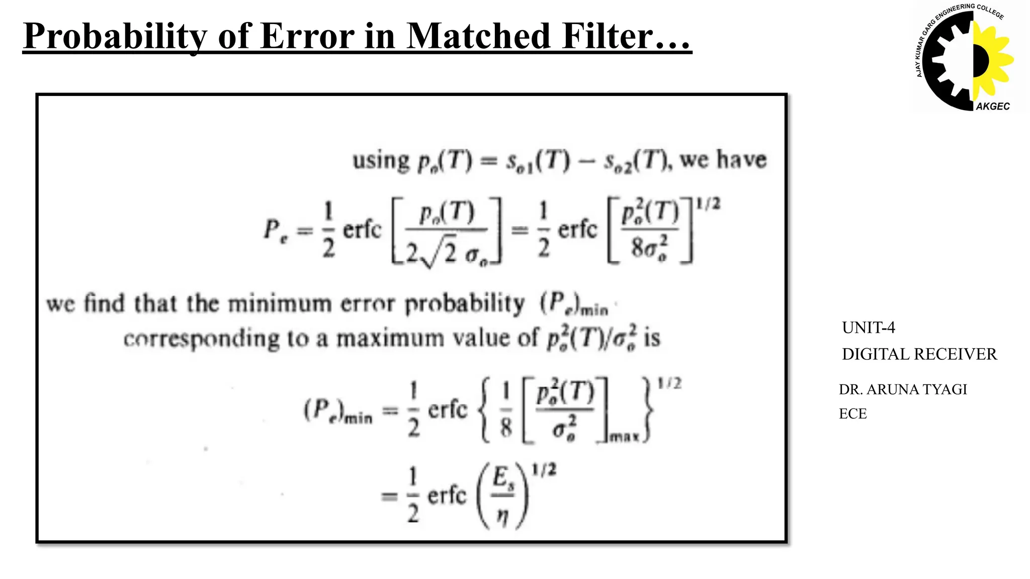 Probability of Error in Matched Filter…
DR. ARUNA TYAGI
ECE
UNIT-4
DIGITAL RECEIVER
 