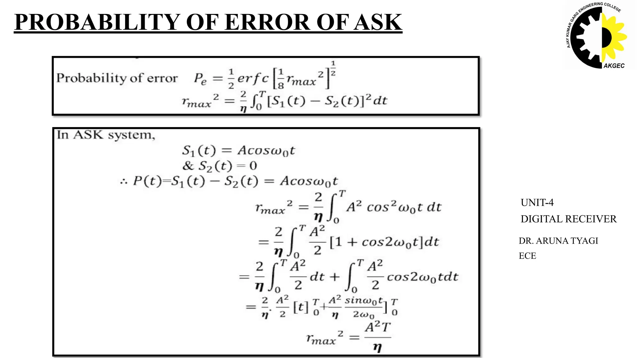 PROBABILITY OF ERROR OF ASK
DR. ARUNA TYAGI
ECE
UNIT-4
DIGITAL RECEIVER
 