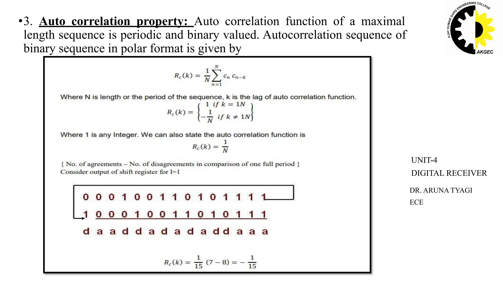 •3. Auto correlation property: Auto correlation function of a maximal
length sequence is periodic and binary valued. Autocorrelation sequence of
binary sequence in polar format is given by
DR. ARUNA TYAGI
ECE
UNIT-4
DIGITAL RECEIVER
 