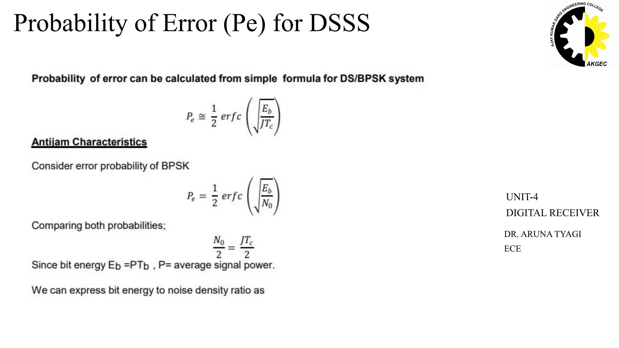 Probability of Error (Pe) for DSSS
DR. ARUNA TYAGI
ECE
UNIT-4
DIGITAL RECEIVER
 
