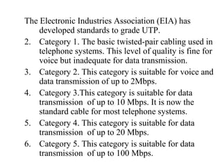The Electronic Industries Association (EIA) has
    developed standards to grade UTP.
2. Category 1. The basic twisted-pair cabling used in
    telephone systems. This level of quality is fine for
    voice but inadequate for data transmission.
3. Category 2. This category is suitable for voice and
    data transmission of up to 2Mbps.
4. Category 3.This category is suitable for data
    transmission of up to 10 Mbps. It is now the
    standard cable for most telephone systems.
5. Category 4. This category is suitable for data
    transmission of up to 20 Mbps.
6. Category 5. This category is suitable for data
    transmission of up to 100 Mbps.
 
