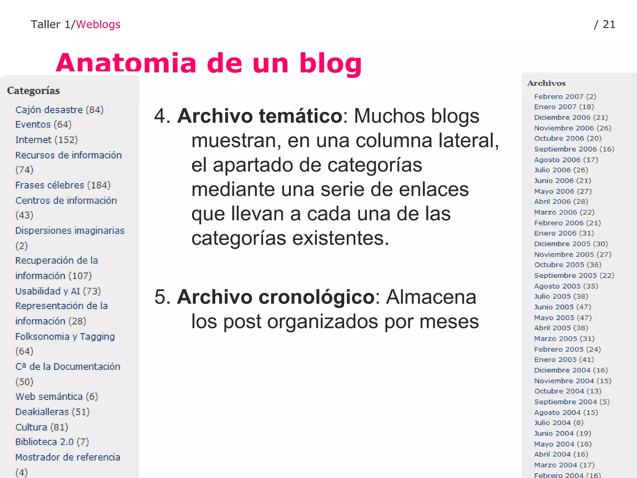 Anatomia de un blog Taller 1/ Weblogs /  4.   Archivo temático : Muchos blogs muestran, en una columna lateral, el apartado de categorías mediante una serie de enlaces que llevan a cada una de las categorías existentes. 5.  Archivo cronológico : Almacena los post organizados por meses 