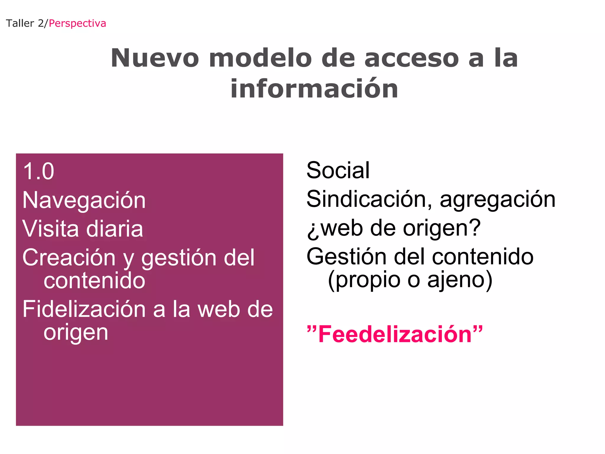 Taller 2/ Perspectiva 1.0 Navegación Visita diaria Creación y gestión del contenido Fidelización a la web de origen Social Sindicación, agregación ¿web de origen? Gestión del contenido (propio o ajeno)‏ ” Feedelización” Nuevo modelo de acceso a la información 