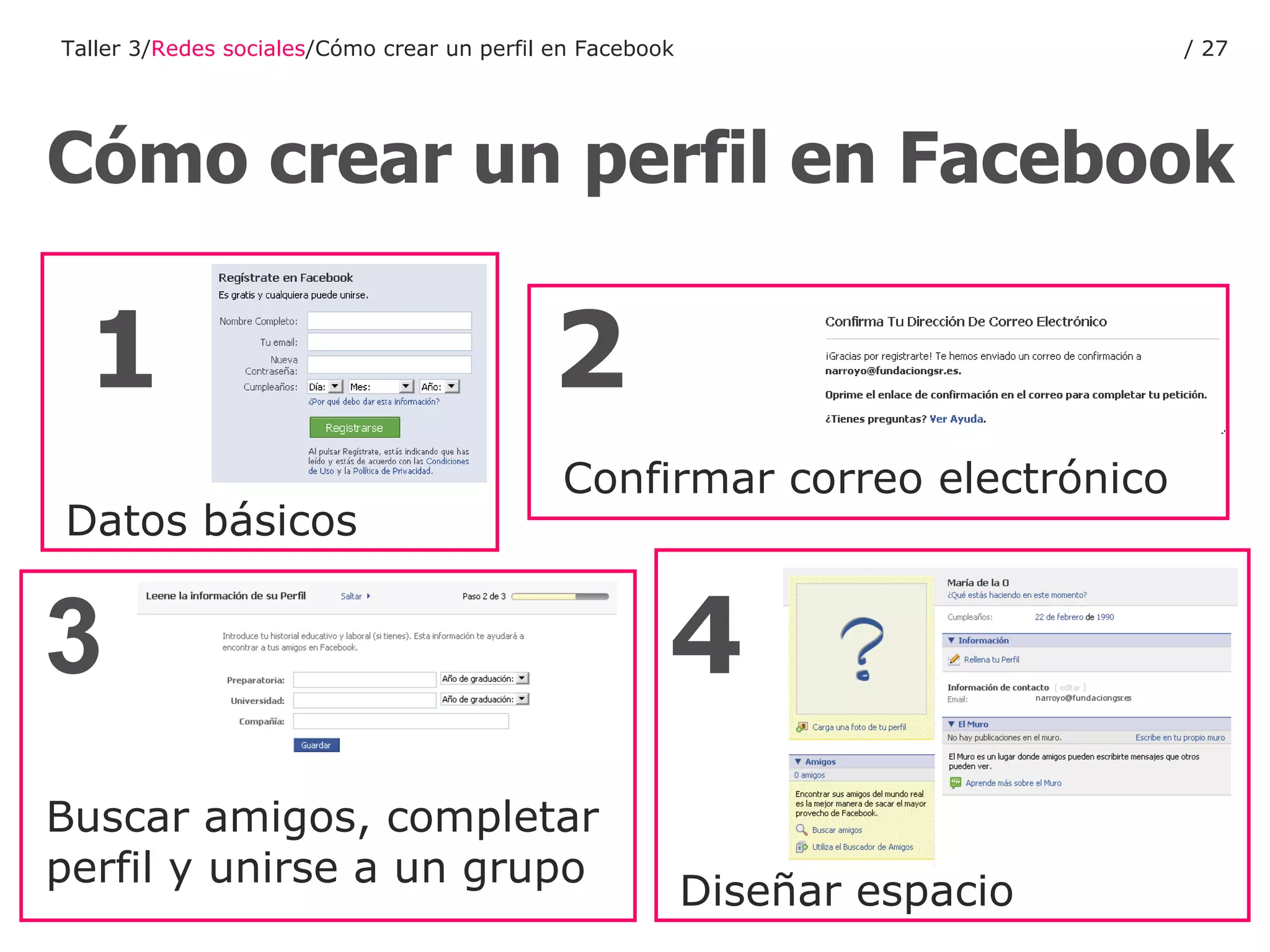 Cómo crear un perfil en Facebook 1 3 2 4 Datos básicos Buscar amigos, completar perfil y unirse a un grupo Confirmar correo electrónico Diseñar espacio Taller 3/ Redes sociales /Cómo crear un perfil en Facebook /  