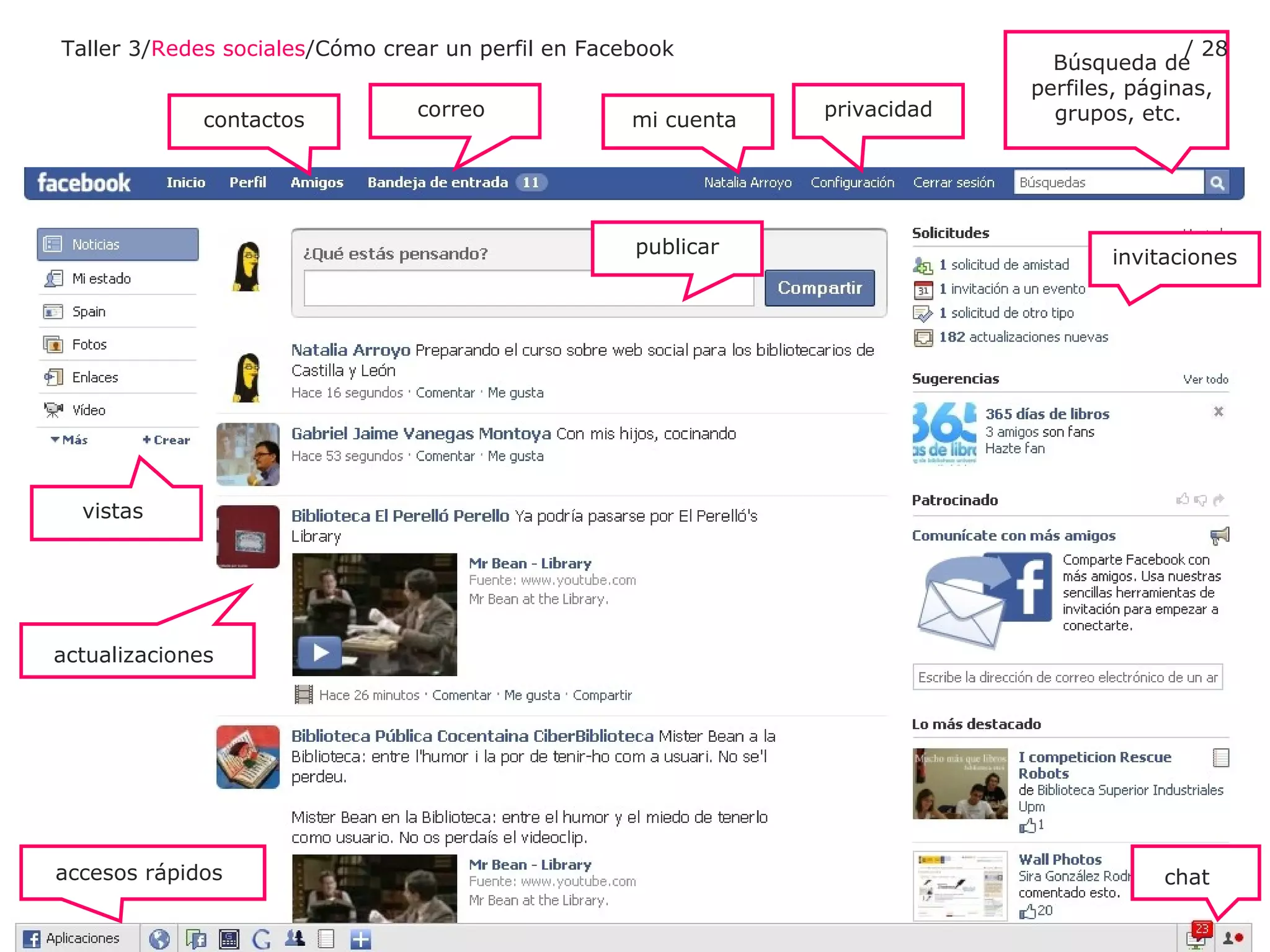 contactos correo  mi cuenta  privacidad chat  vistas  actualizaciones  accesos rápidos  Búsqueda de perfiles, páginas, grupos, etc.  invitaciones publicar Taller 3/ Redes sociales /Cómo crear un perfil en Facebook /  