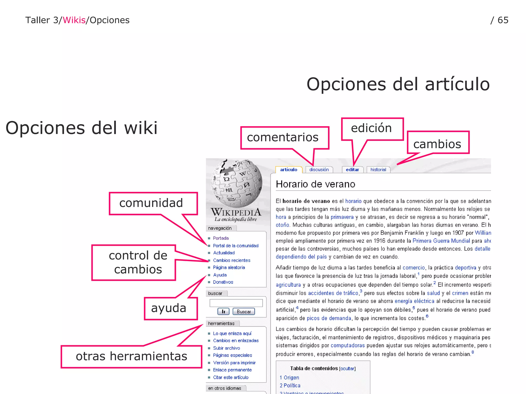 Opciones del artículo Opciones del wiki comunidad control de cambios ayuda otras herramientas cambios edición comentarios Taller 3/ Wikis /Opciones /  