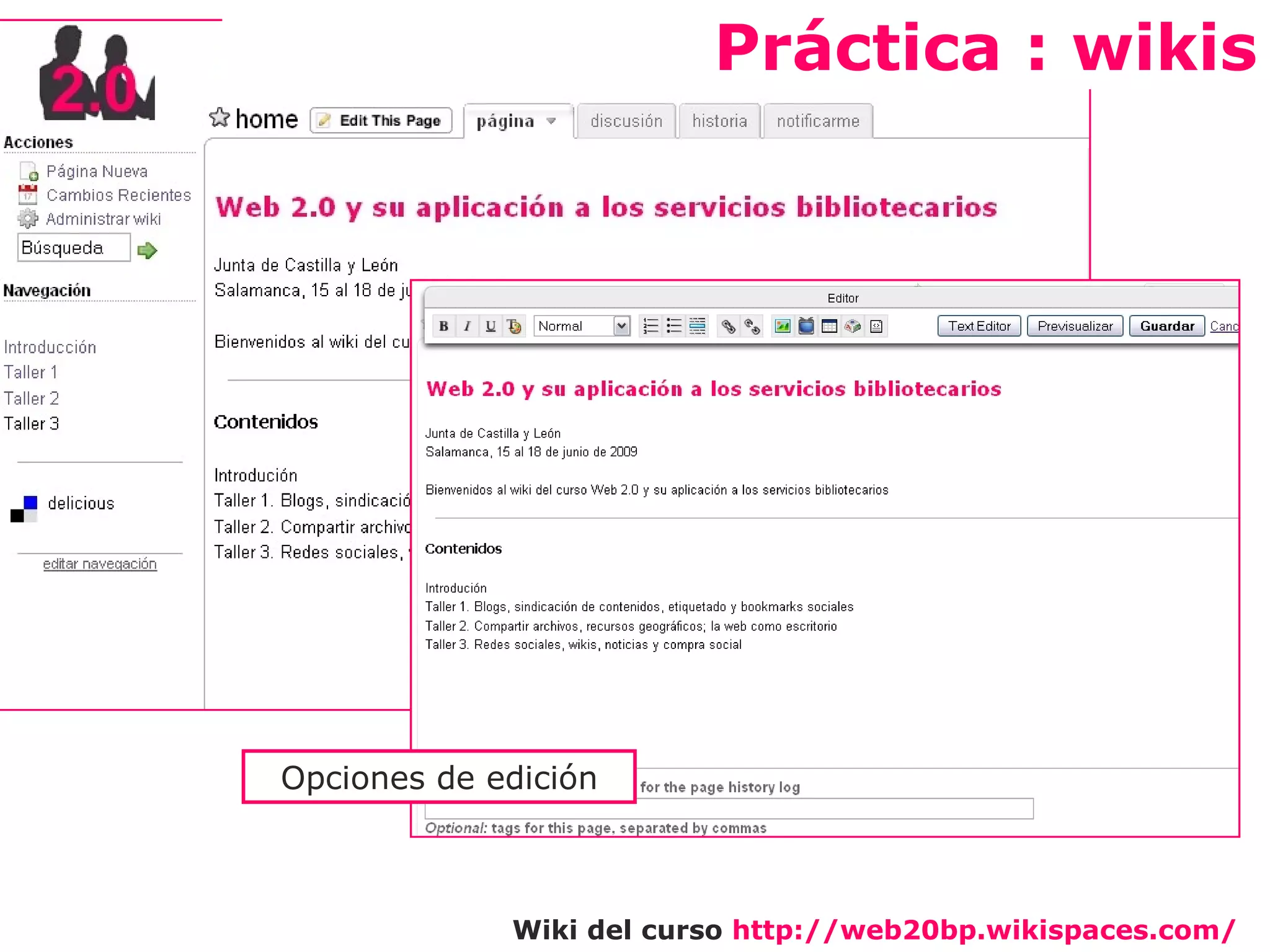Wiki del curso  http://web20bp.wikispaces.com/   Práctica : wikis Opciones de edición 